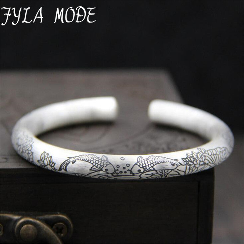 Every Year More Than Fish Lotus Sutra Opening Bangle 100% Real S999 Sterling Silver Bracelet Bangle For Men Women