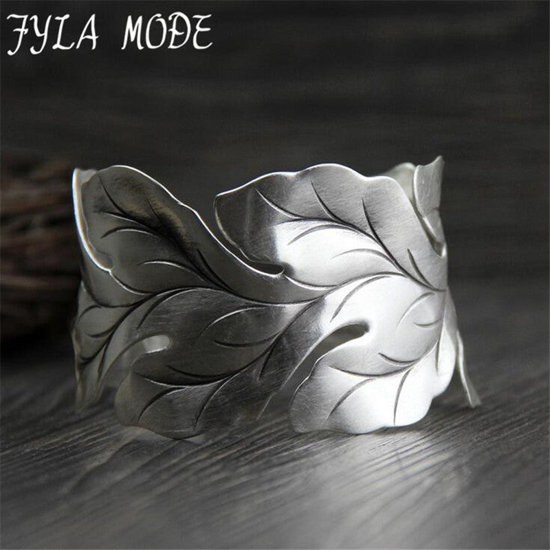 Fashion Jewelry 999 Silver Arm Jewelry Leaf Shape Open Wide Cuff Bracelet Bangles for Women Men 33mm Width 42G WTB061