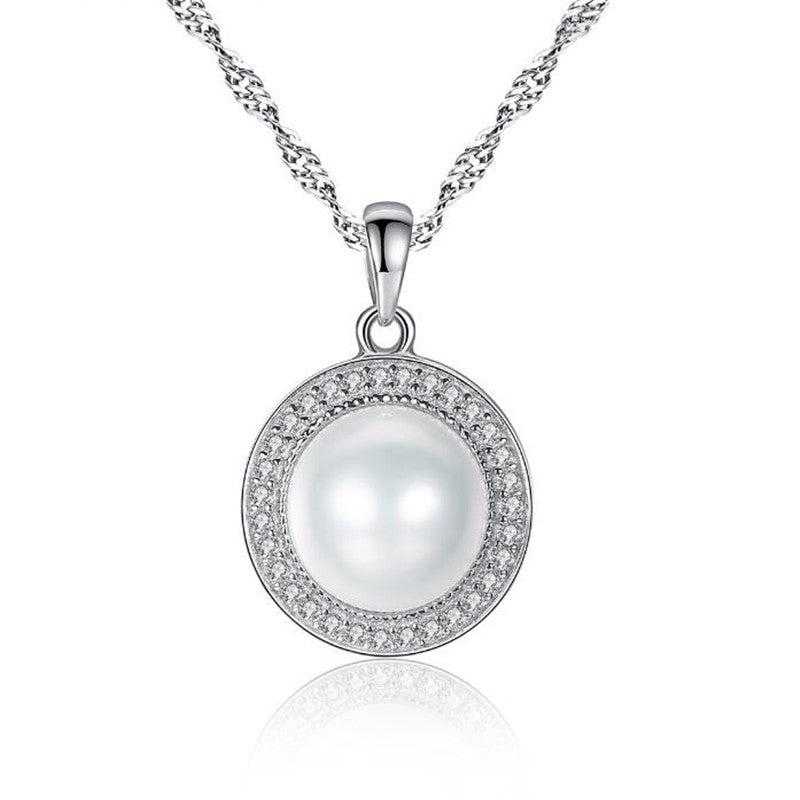 Real 925 Sterling Silver Natural White Pink Purple Pearl Round Pendants Necklaces For Women Fashion Jewelry