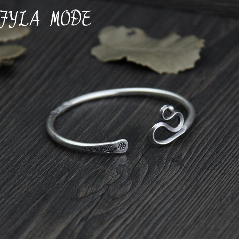 Real Solid 999 Sterling Silver Adjustable 3.20mm Vintage Fish Carved Open Cuff Bracelet Bangle Men Women Handmade Men