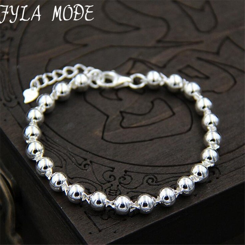 Top Quality 100% S925 Sterling Silver Jewelry 4mm Silver Round Beads With Heart Charms Bracelet 17CM+3CM 4.50G TYC131