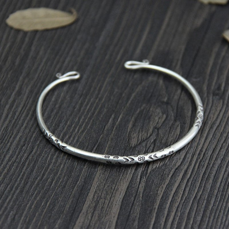 Vintage 999 Silver Bracelet Female Opening Carved Brazalete Boho Cuff Bangle Mens Jewelry 3.50mm 9.9G WTB034
