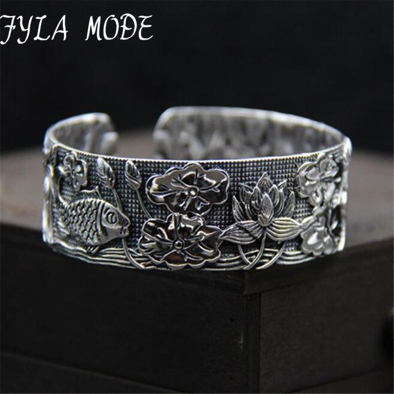 Vintage Bohemia 925 Silver Open Wide Cut Out Lotus Fish Flower Carved Cuff Bangle Adjustable Fashion Jewerly For Women