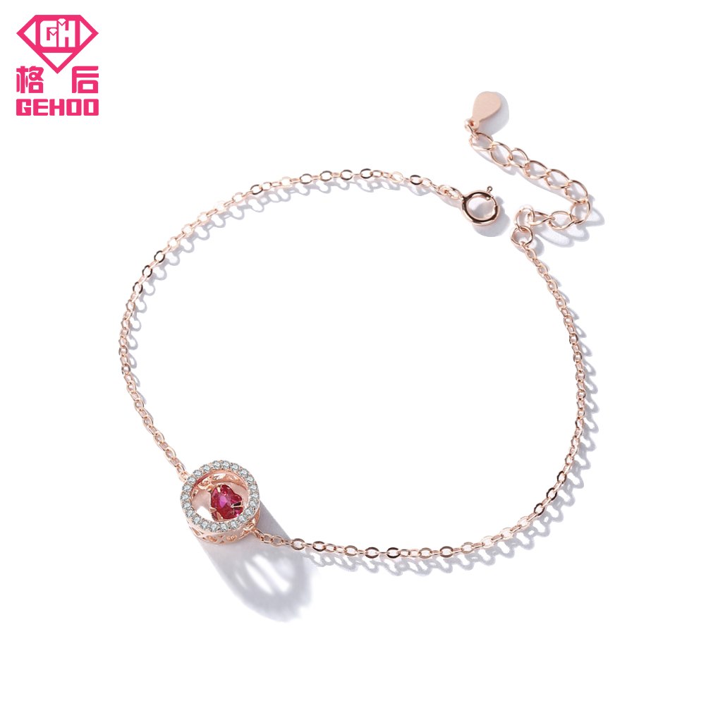 100% 925 Sterling Silver Cubic Zircon Circle Paved Heart Red Ruby Chain Charm Bracelet Women Jewelry Hand Wristband Bangle