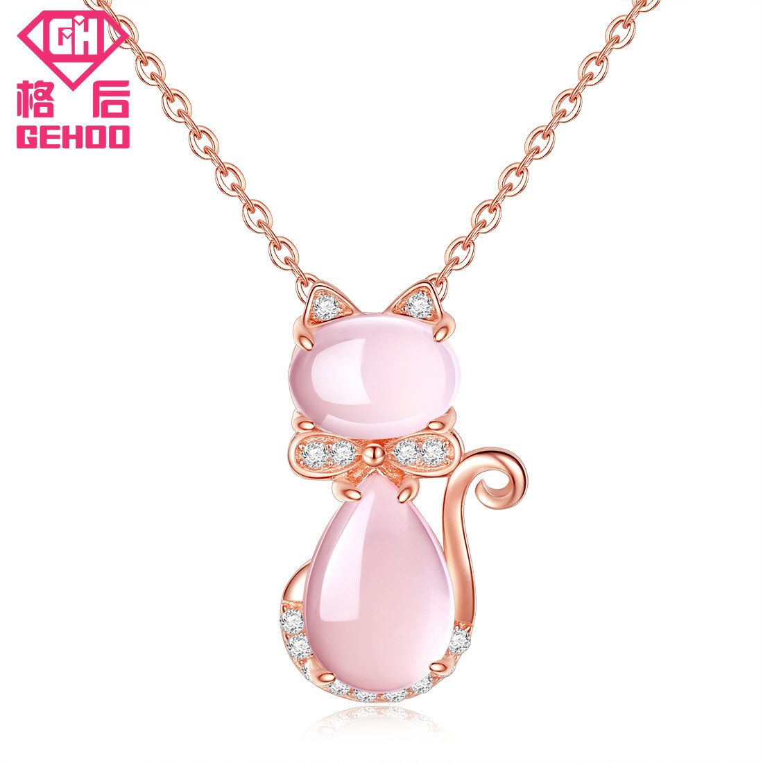 2020 New 925 Sterling Silver Lovely Cat Collier Pendant Cute Jewelry Nice Gift Rose Quartz Color Chain For ladies Girl