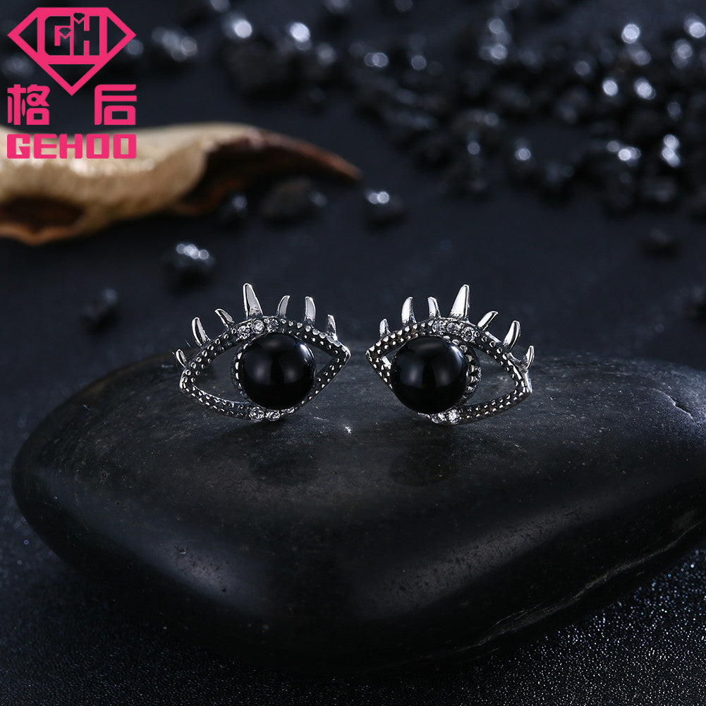 2020 New Arrival 925 Sterling Silver Eye Shape Charm Earrings Black Color Stone Stud Earring Brincos Women Jewelry Gifts
