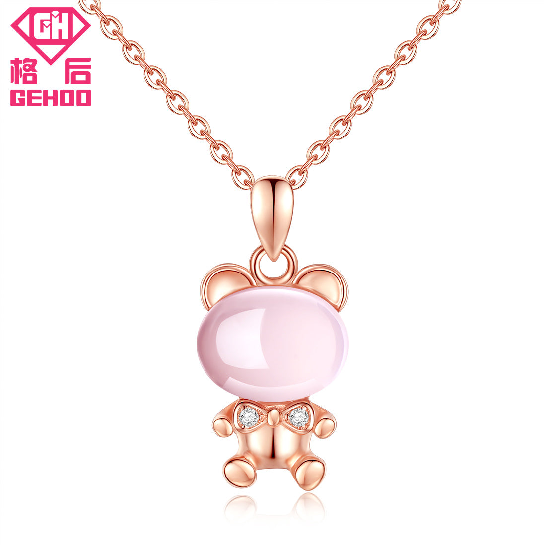 2020 New Arrival 925 Sterling Silver Lovely Bear Cute Pedant Necklaces Jewelry Gift For Women Ladies Girl Rose Quartz