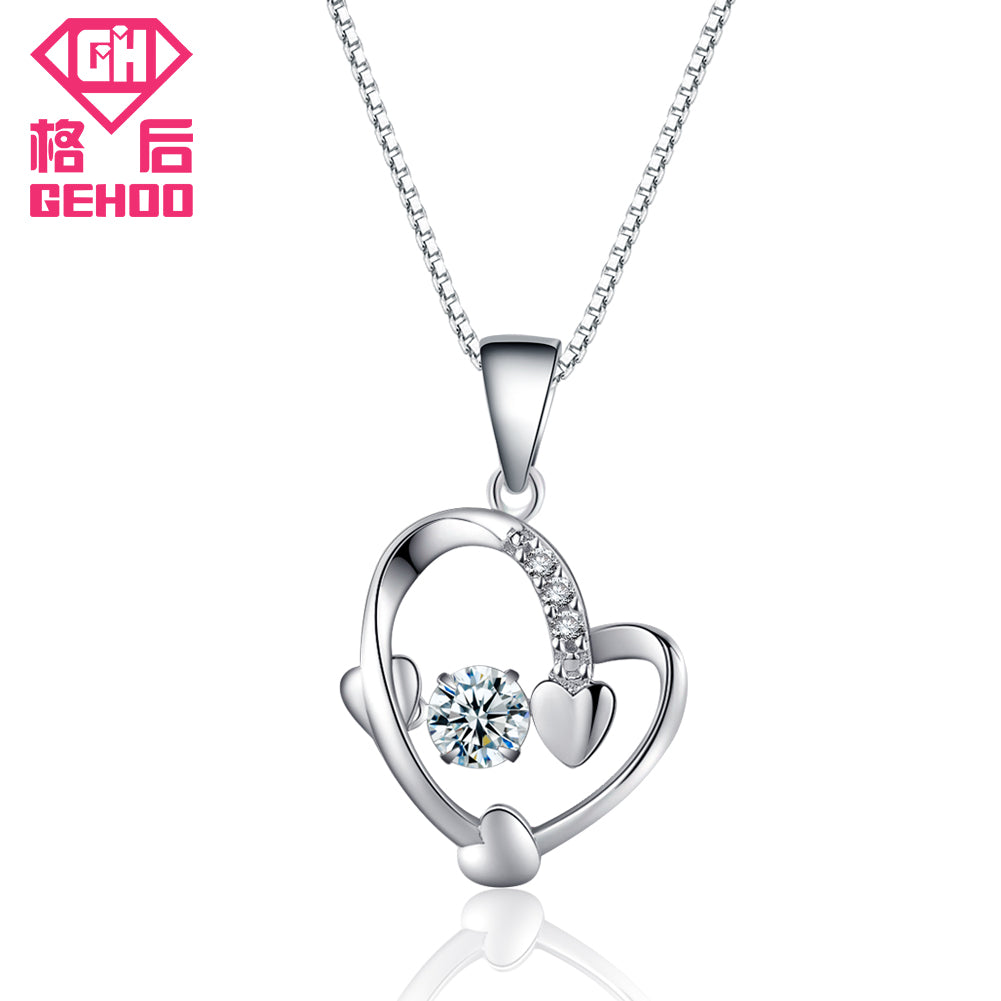 925 Sterling Silver Chain Jewelry Love Heart Pendant Necklace Active Dancing CZ Cubic Zircon Charm Collar Decoration Gift