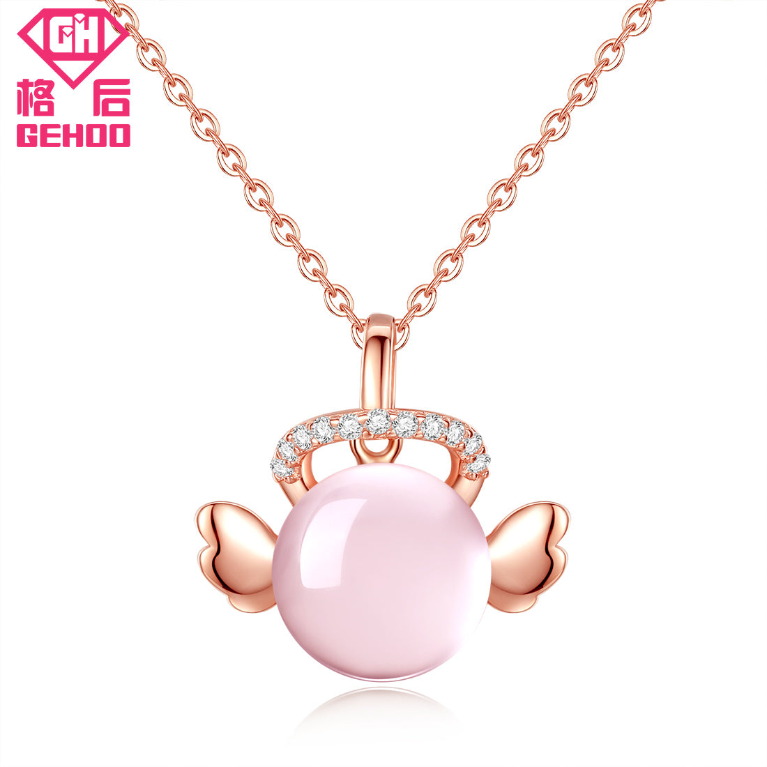 925 Sterling Silver Jewelry Lovely Angel Wings Pendent Necklace for Lady Girls Gift Pink Rose Quartz Charm Chain Choker