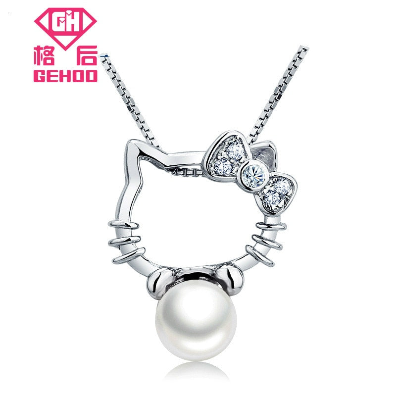 925 Sterling Silver Necklaces & Pendants Sweet Cartoon Cat Pearl Charm Choker Necklace Jewelry for Woman Girls