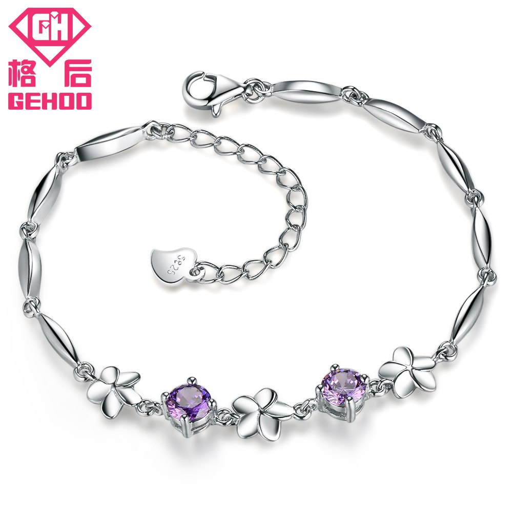 925 Sterling Silver Purple Zircon Rhinestone Flowers Bracelets for Women Wedding Charm Bracelet Bangle Anniversary Jewelry