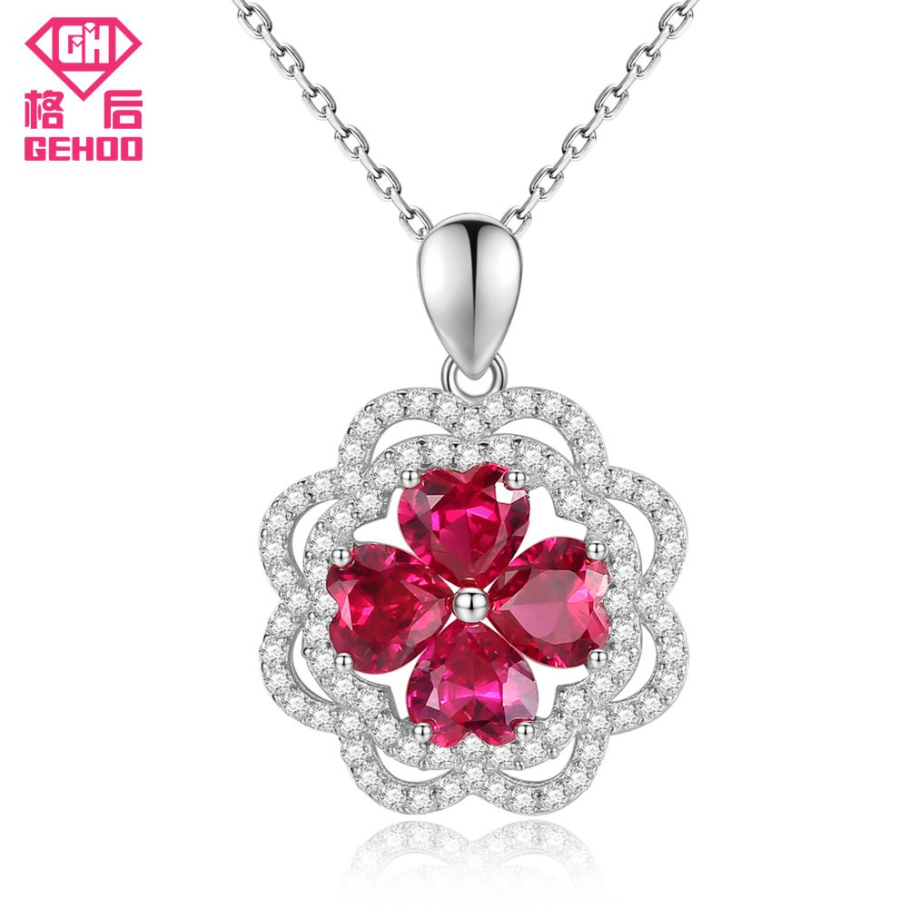 925 Sterling Silver Red Pretty Ruby Heart Gemstone Zircon Paved Flower Pendant Necklace for Wedding Bridal Women Jewelry