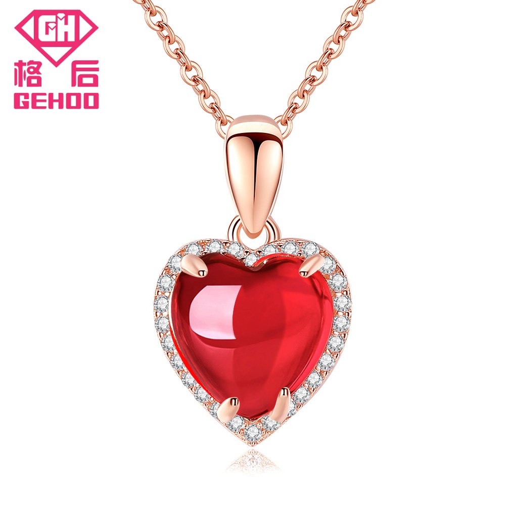 925 Sterling Silver Ruby Red Pretty Lovely Heart Gemstone Zircon Paved Pendant Necklace for Women Wedding Bridal Jewelry