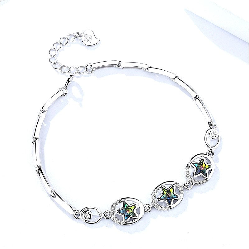 925 Sterling Silver Shinning Star Crystal CZ Pendant Bracelet Charm Chain Link Bangle Women Jewelry Birthd Party Gift