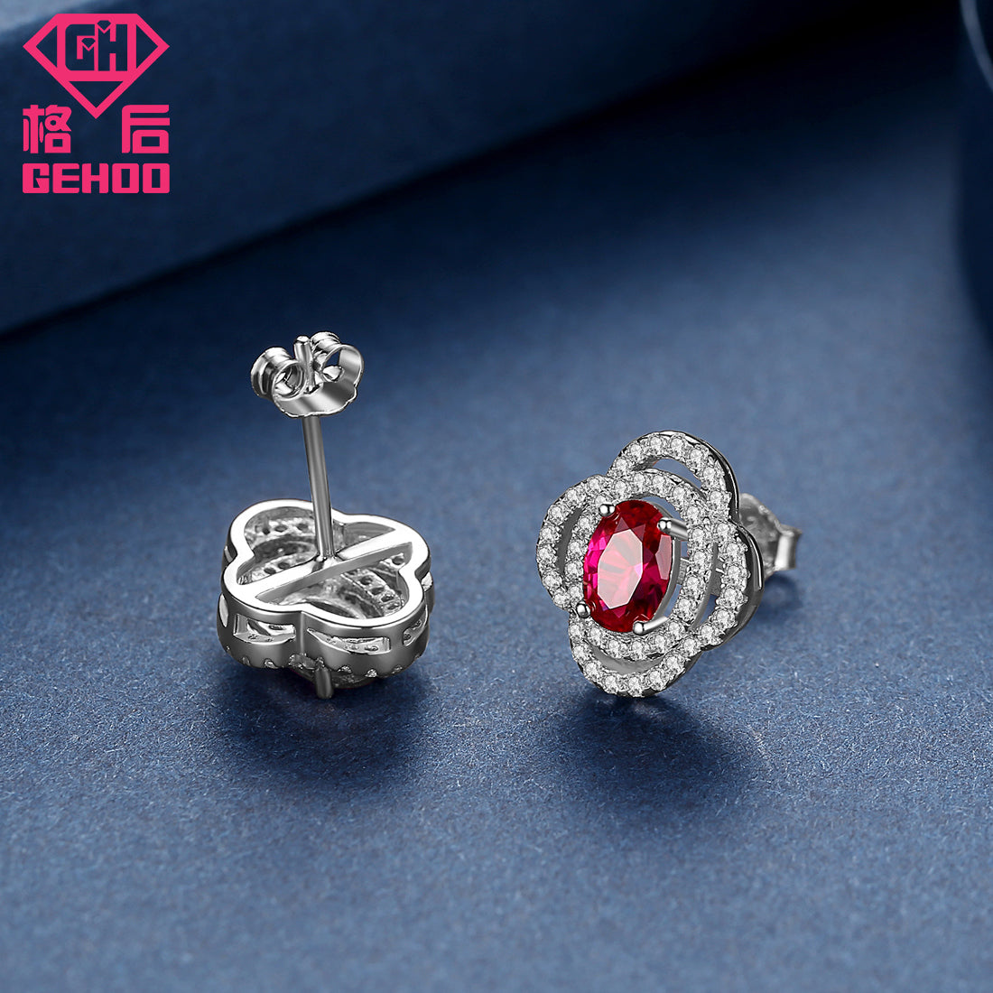 925 Sterling Silver Women Red Ruby Stud Earrings Ear Fine Jewelry Flower Design Luxury Gift Vintage Earring Wedding Brinco