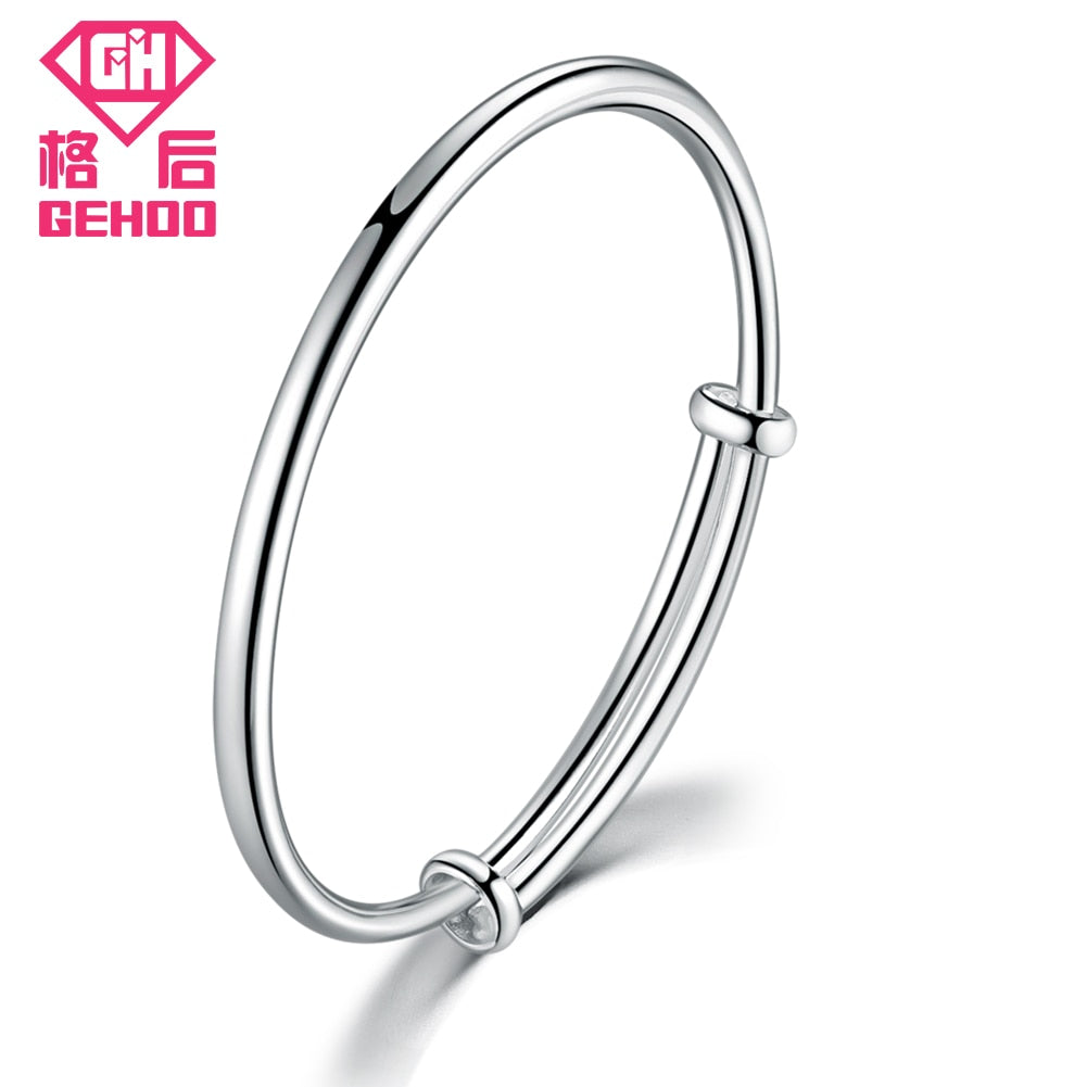 999 Fine Sterling Silver Solid Bangle Smooth Adjustable Round Charms Cuff Bracelets Wristband for Women Girl Jewelry Gift