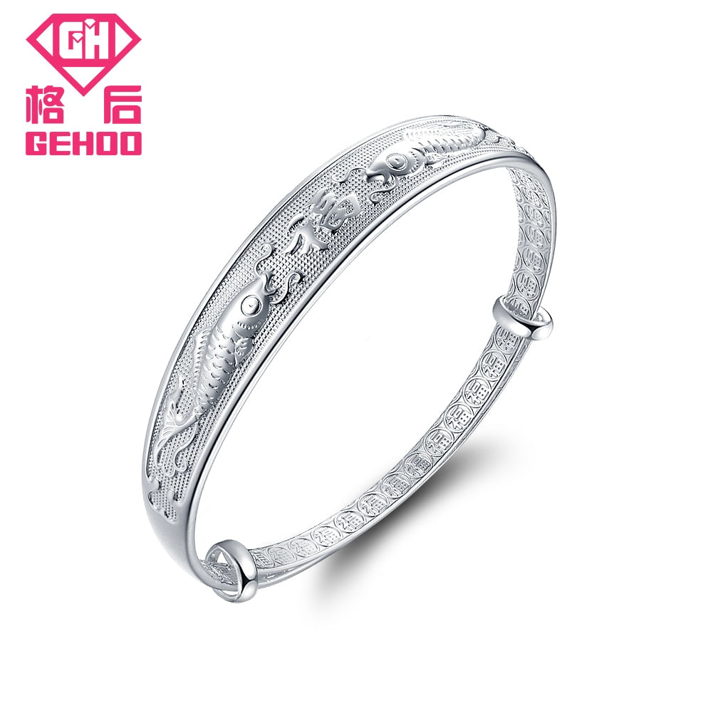 Chinese Ethnic Twins Fish Blessing 999 Sterling Silver Charm Bracelets & Bangles Adjustable Cuffs for Women Fine Jewelry