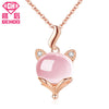 Cute Pink Fox Women Fine Jewelry Pretty Rose Quartz Pendant Necklaces Charm 925 Sterling Silver Rose Gold Chain Choker