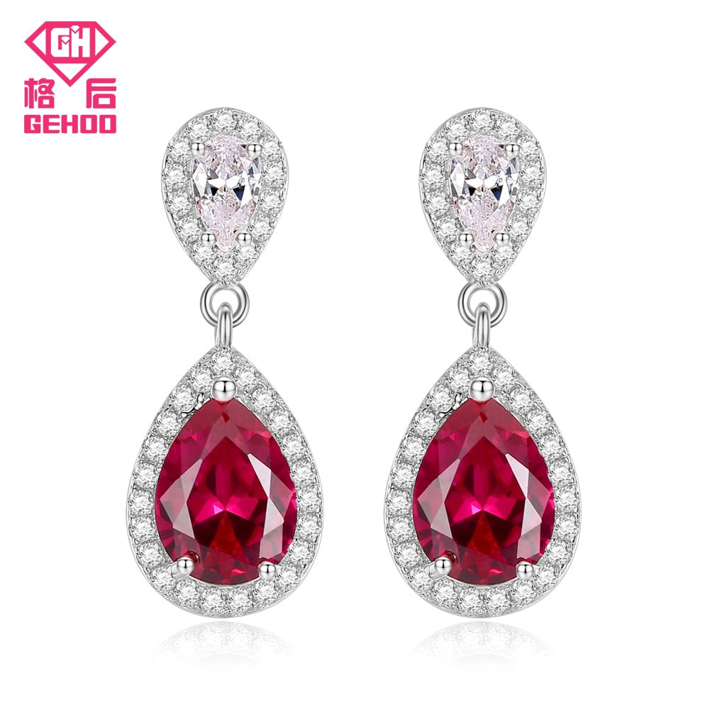 Double Water Drop Red Stones Cubic Zirconia Paved Drop Earrings 925 Sterling Silver Wedding Ear Jewelry for Women Mom Gift
