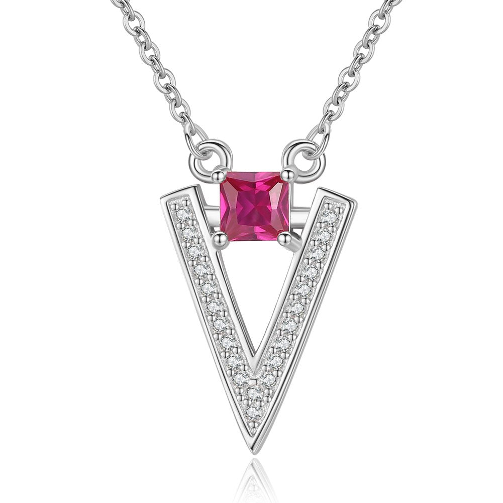 Exquisite Jewelry 925 Sterling Silver Rose Gold Clavicle Chain Choker Red Ruby CZ V Triangle Pendant Women Charm Necklace
