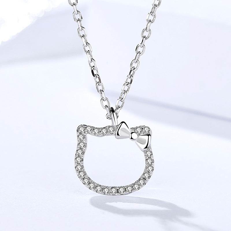 Genuine 925 Sterling Silver Cute Cat Pendant Necklaces with Cubic Zircons Paved for Exquisite Women Animal Jewelry Gift