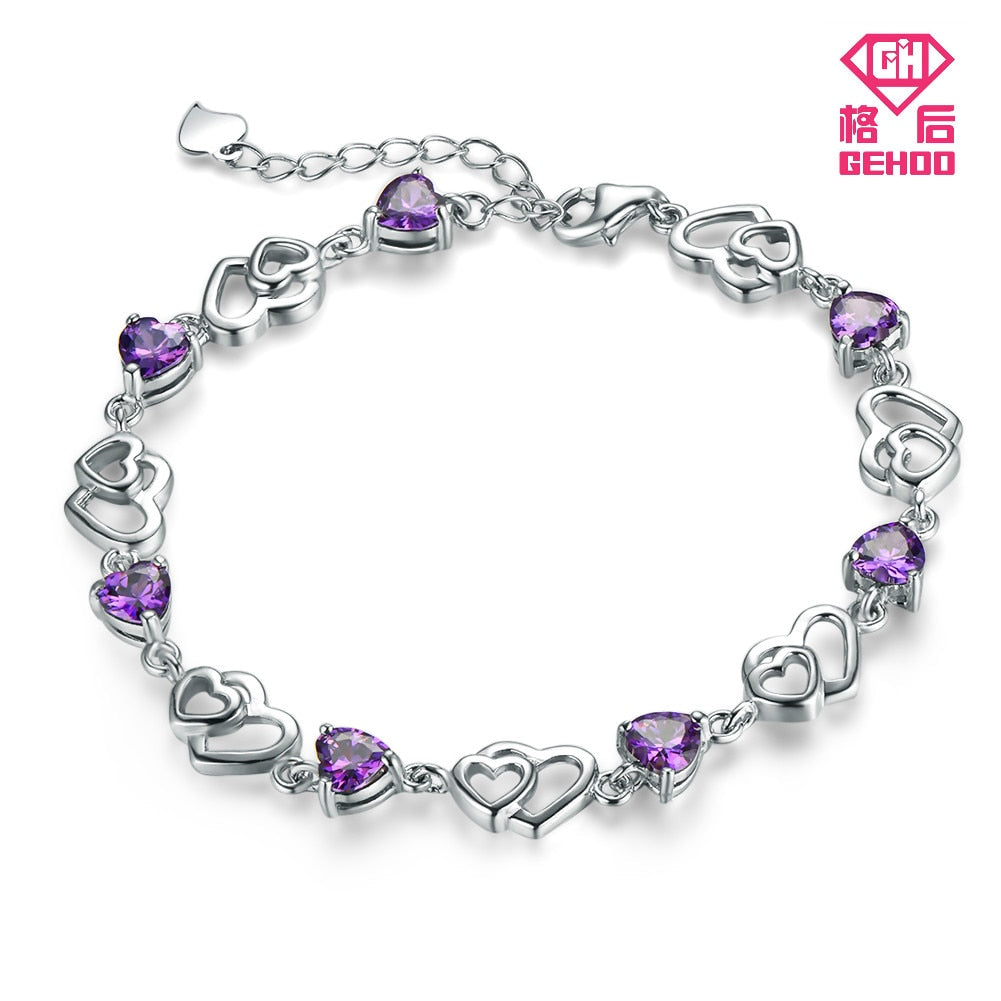 Hot Sell 2020 Double Heart Love Real 925 Sterling Silver Charm Purple Crystal Cubic Zircon Bracelet Bangle for Woman Gift