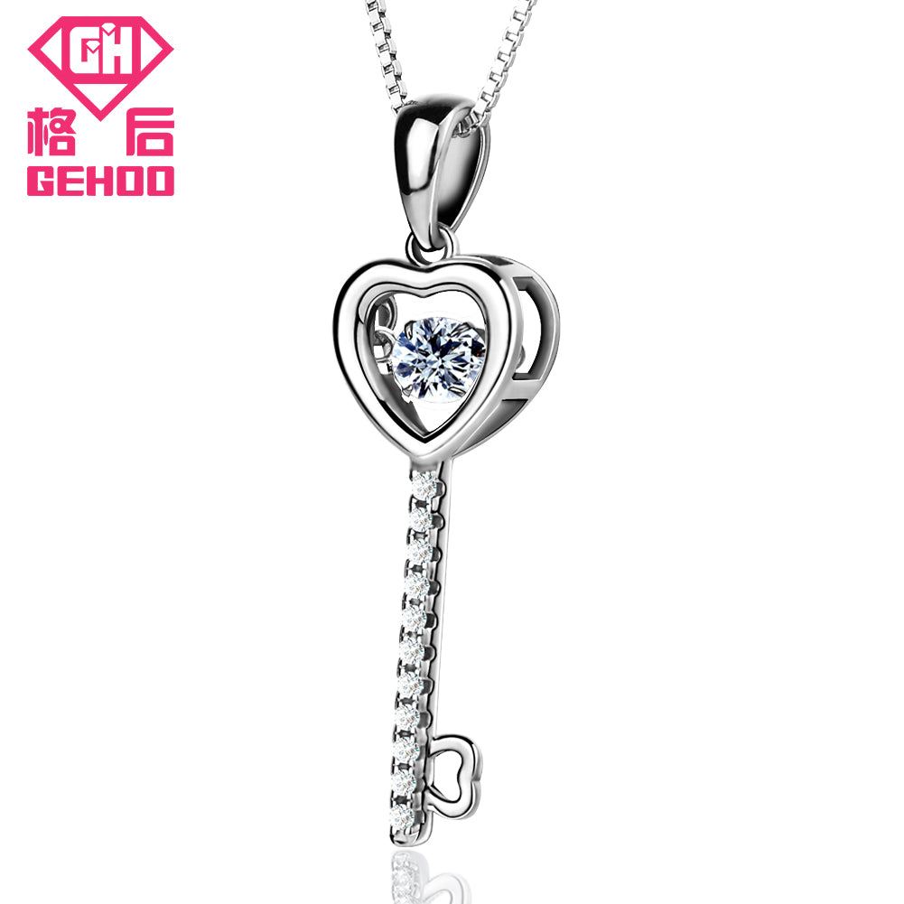 Love Heart Key Solid 925 Sterling Silver Pendant Necklace Fine Jewelry Active Dancing Cubic Zirconia CZ Women Gift Collar