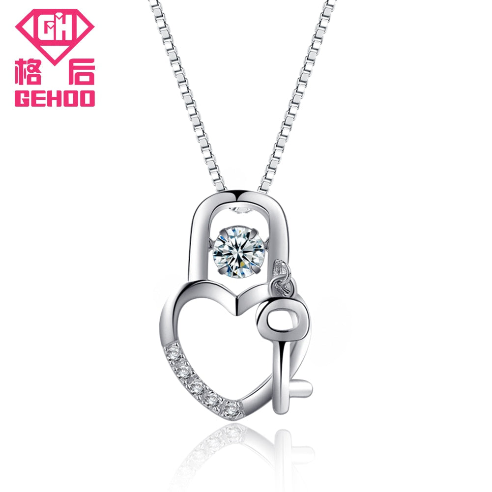 Love Heart Lock Pendant Necklace Active Dancing CZ Cubic Zirconia 925 Sterling Silver Women Gift Fine Jewelry Charm Collar