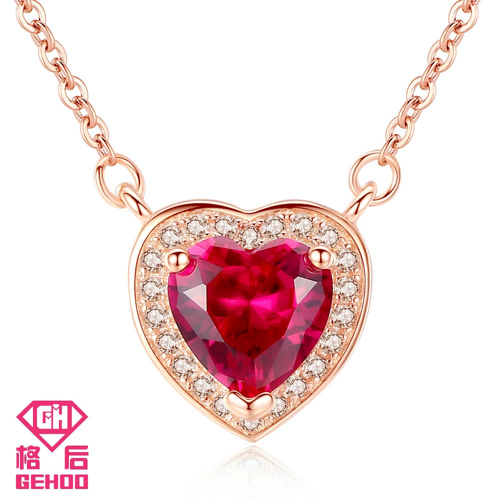 Love Heart Ruby Vintage Zircon Paved Pendant 925 Sterling Silver Necklace Chain Choker Jewelry for Women Bridal Wedding