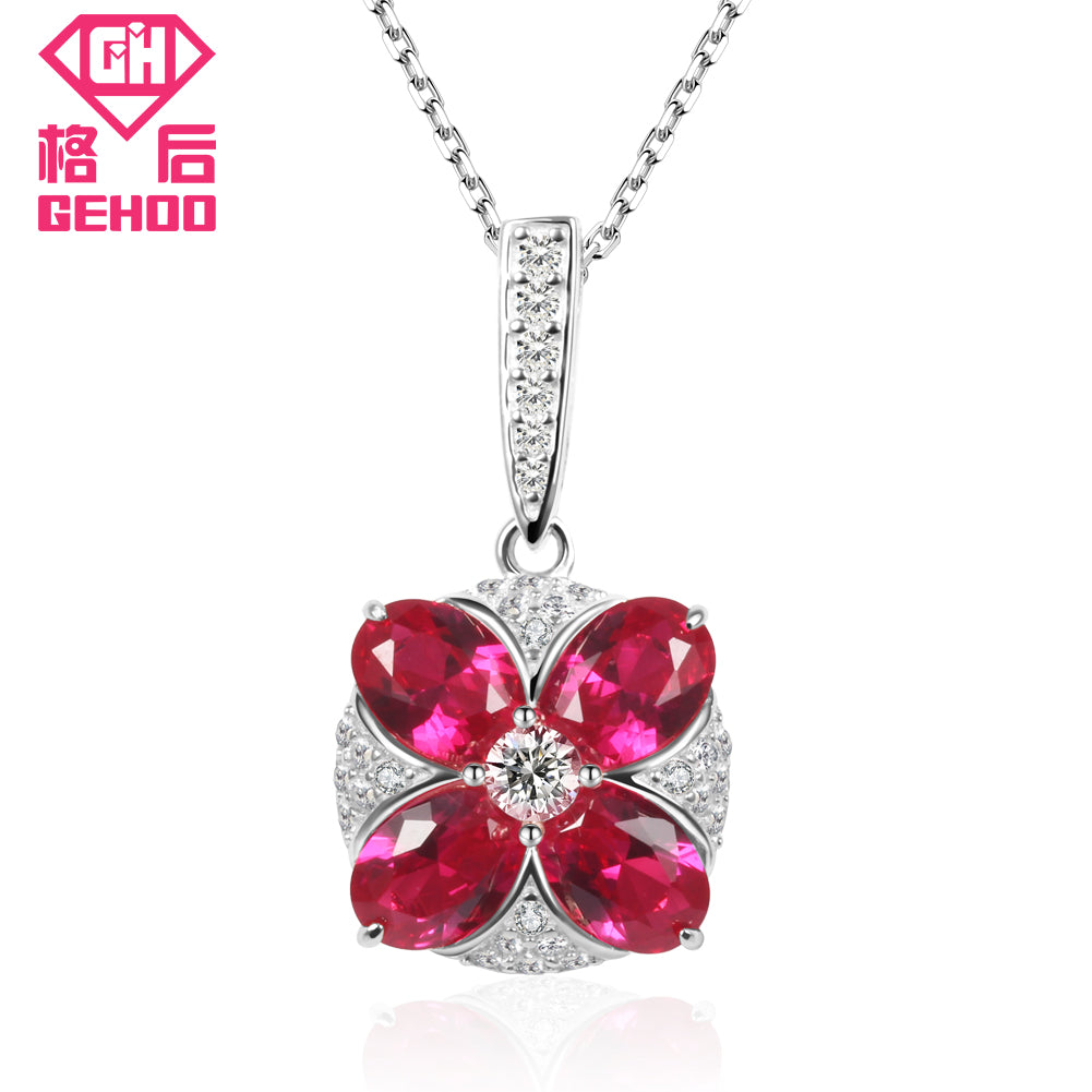 Luxury 100% 925 Sterling Silver Necklace Jewelry Red Ruby Four Leaf Clover Zircon Pendant Rose Gold Chain Charm Necklaces
