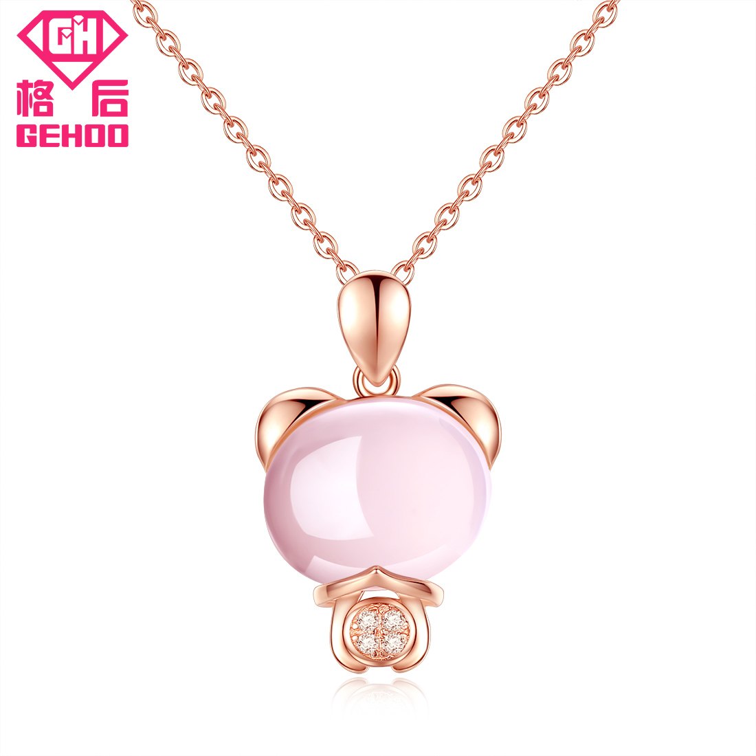 Necklaces & Pendants Silver 925 Jewelry Women Pink Cute Bear Animal Colar Feminino Box Chain with Pretty Quartz Gem Stone