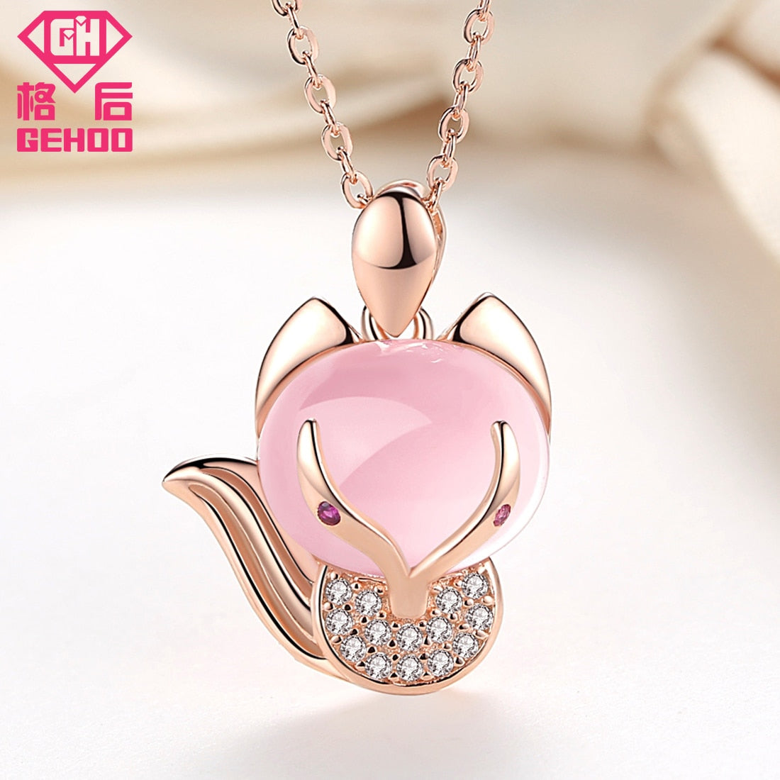New Arrival Pretty Gems Stone 925 Sterling Silver Pendent Necklace Lovely Fox Pink Rose Quartz Zircon For Lady Nice Gift