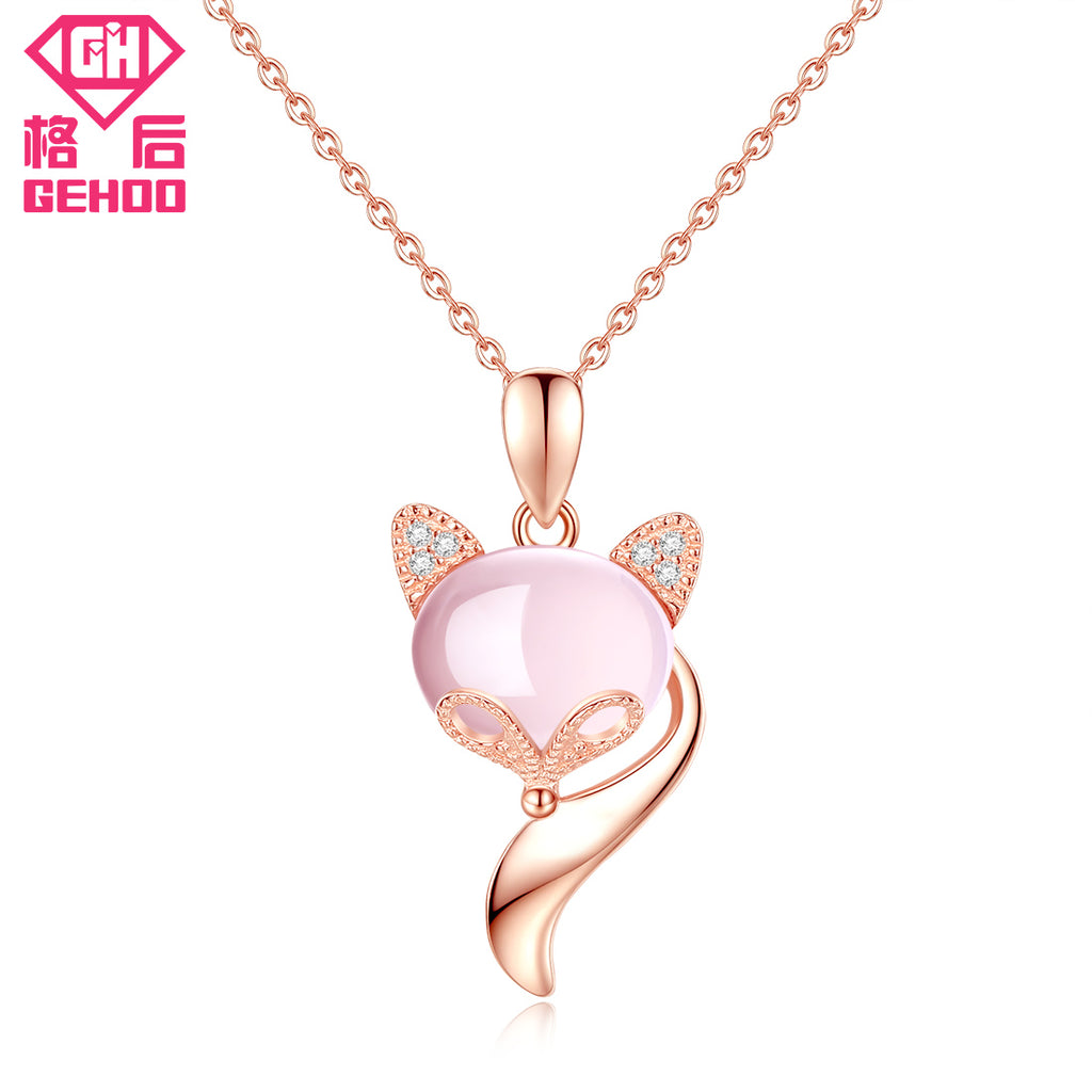 New Cute Necklace 925 Sterling Silver Fox Pendant Charm Cubic Zirconia Rose Quartz Color Jewelry For Women Girl Nice Gifts