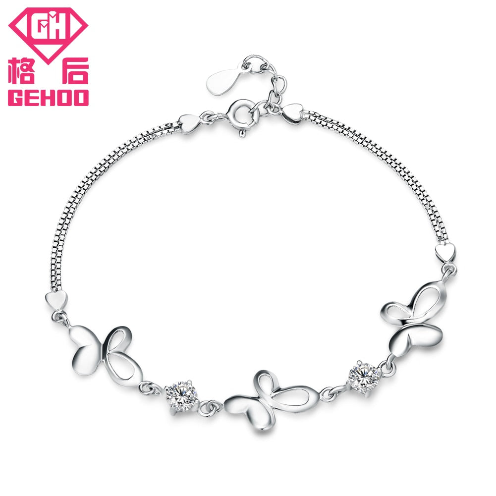 New Dazzling Zircon Rhinestone Butterfly Bracelet 925 Sterling Silver Charm Bracelets Bangles Women Jewelry Gift Wristband