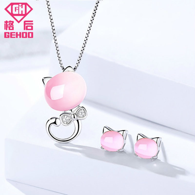 New Design Cute Cat 925 Sterling Silver Pendant Necklace & Stud Earrings Pink Rose Quartz Jewelry Set For Women Bijoux