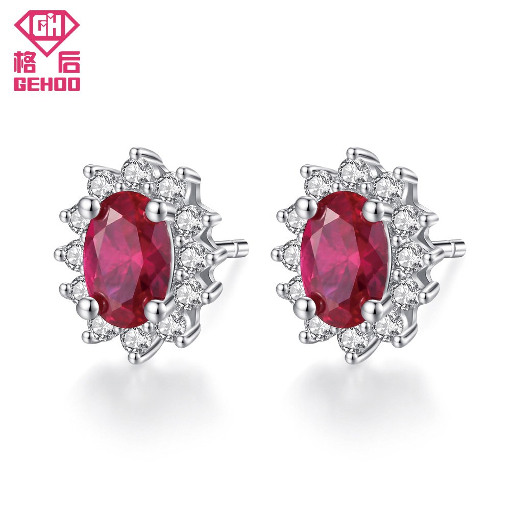 Oval Red Pretty Garnet CZ Zircon Paved Real 925 Sterling Silver Wedding Jewelry Retro Earrings Women Mom Gift Brincos