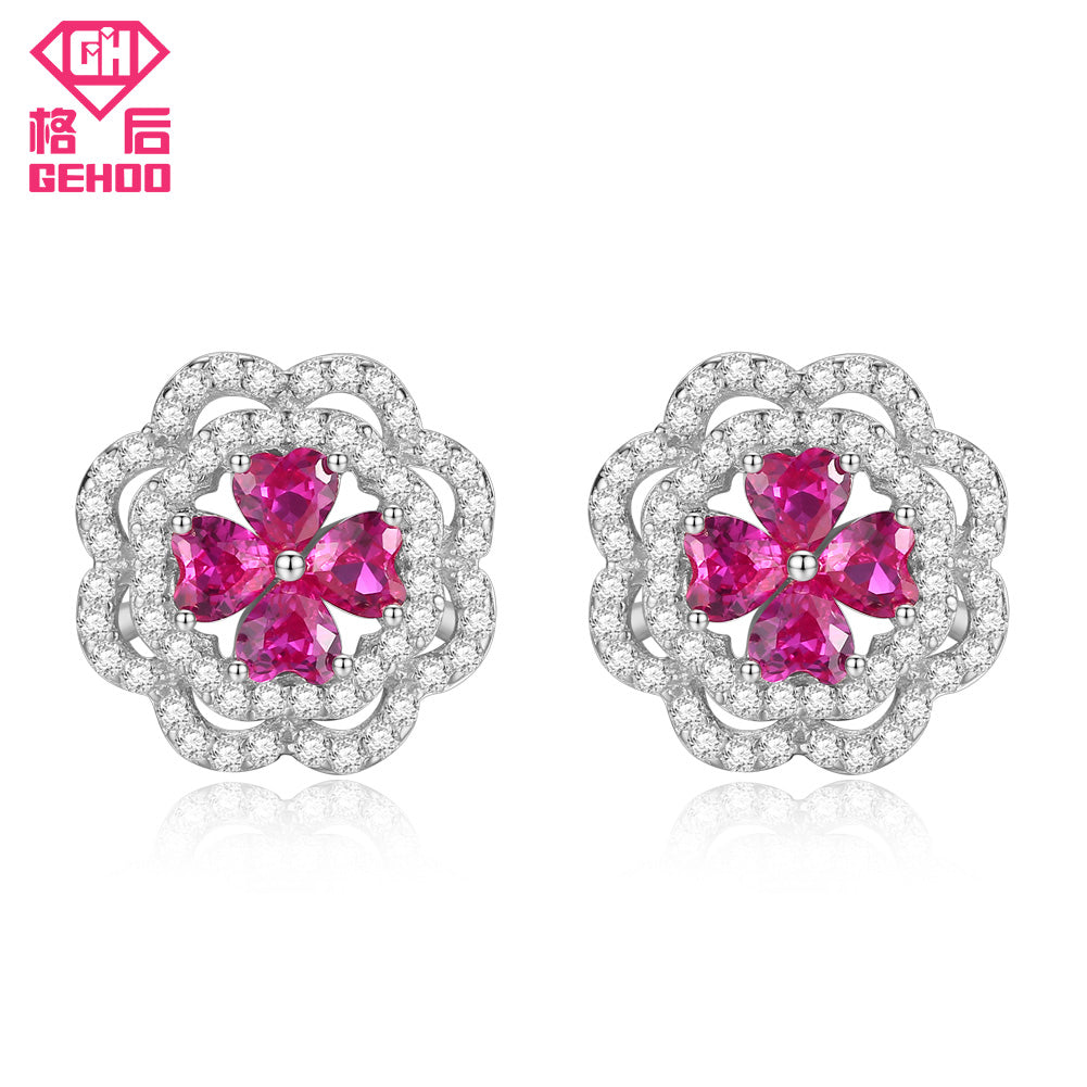 Pretty Red Heart Garnet CZ Zircons Paved Flower Real 925 Sterling Silver Stud Earrings Women Wedding Jewelry Gift Brincos