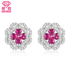 Pretty Red Heart Garnet CZ Zircons Paved Flower Real 925 Sterling Silver Stud Earrings Women Wedding Jewelry Gift Brincos