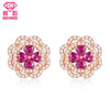 Pretty Red Heart Garnet CZ Zircons Paved Flower Real 925 Sterling Silver Stud Earrings Women Wedding Jewelry Gift Brincos