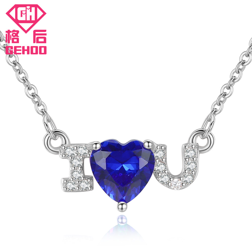 Pretty Red Ruby / Blue Sapphire I Love You Heart Pendant Necklaces Charm 925 Silver Rose Gold Chain Choker Women Jewelry
