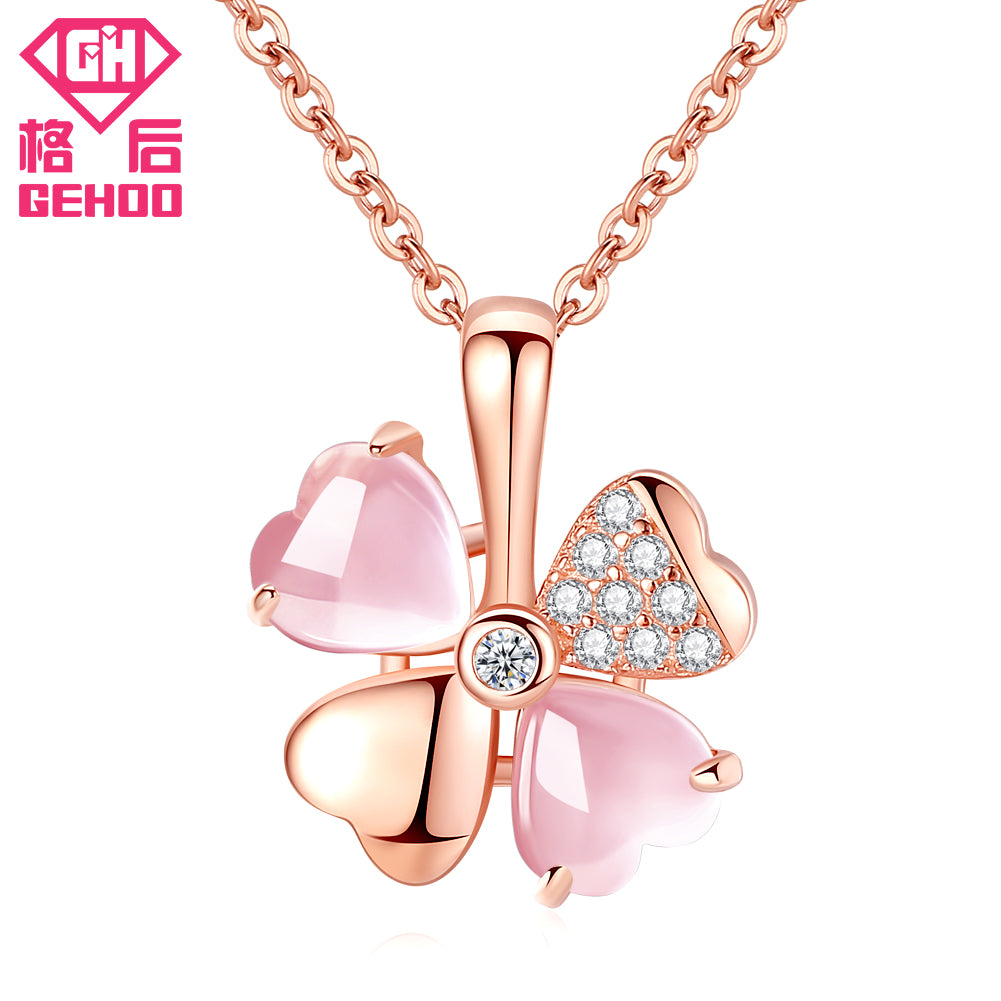 Pretty Rose Quartz Clover Pink Pendant Necklace Women Charm Fine Jewelry 925 Sterling Silver Rose Gold Chain Choker Gifts