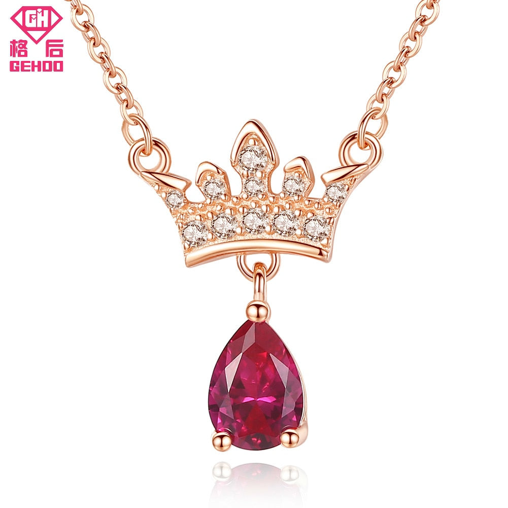 Red Ruby CZ Stones 100% 925 Sterling Silver Rose Gold Chain Necklace Crown Pendant Necklaces for Women Choker Jewelry Gift