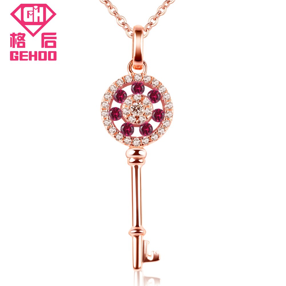 Rose Gold Chain Choker 925 Sterling Silver Women Necklace Red Ruby Zircon Key Design Pendant Charm Necklaces Jewelry Gift