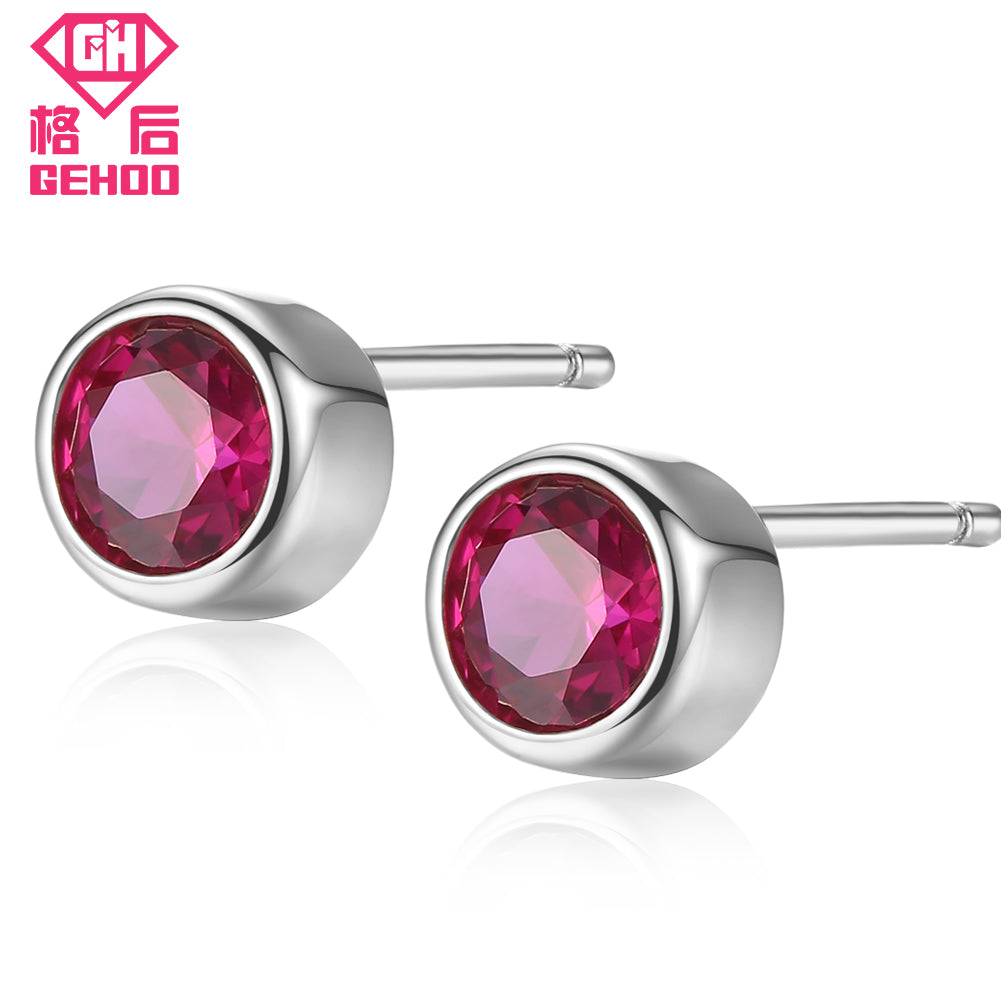 Solid 925 Sterling Silver Women Ear Fine Jewelry Round Red Ruby Earrings Stud Gift Vintage Charm Earrings Wedding Brinco