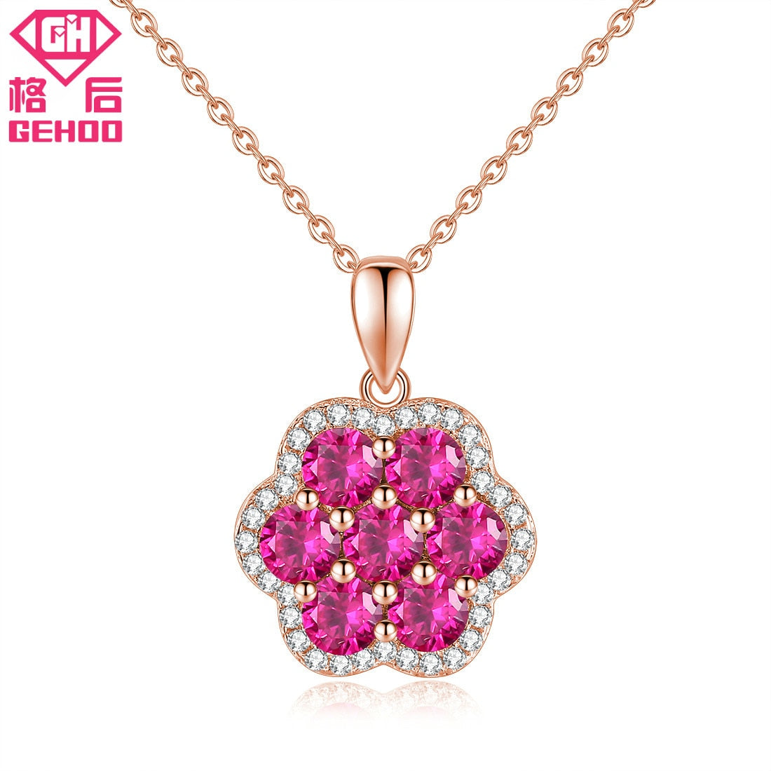Sun Flower Design 925 Sterling Silver Red Ruby Paved CZ Pendant Necklace Jewelry For Women Mom Nice Gifts Rose Golde Chain