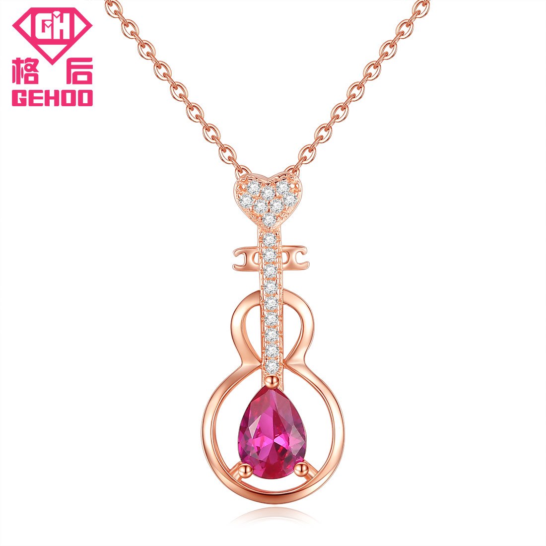 Trendy 925 Sterling Silver/Rose golden Ruby Stone Violin Shape Pendant Elegant Necklace for Women Luxury Sterling Jewelry