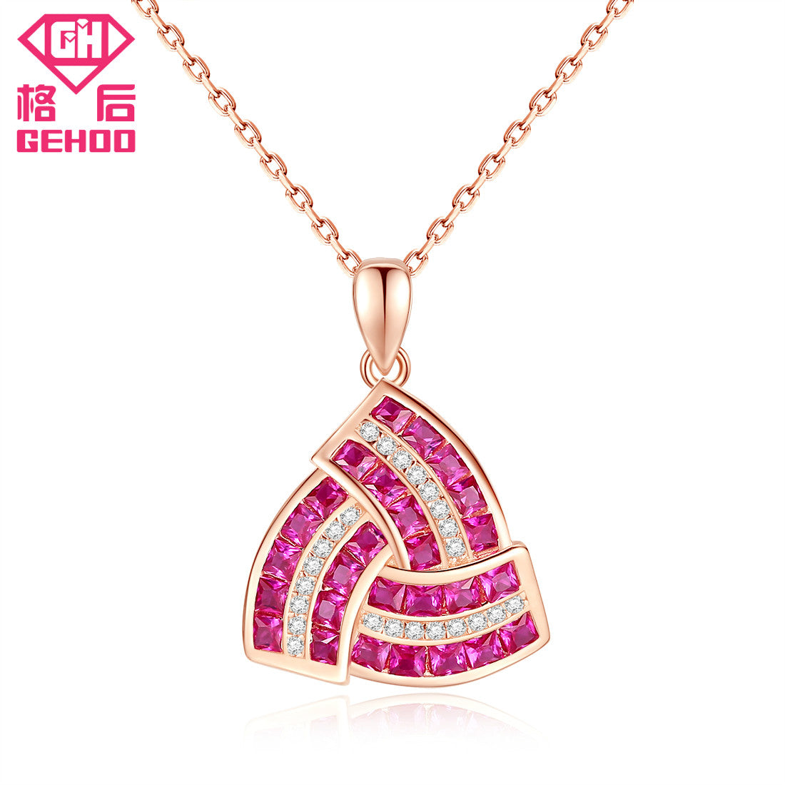 Triangle Design 925 Sterling Silver Paved CZ Pendant Necklace Rose Gold Chain Choker Red Ruby Jewelry For Women Nice Gift