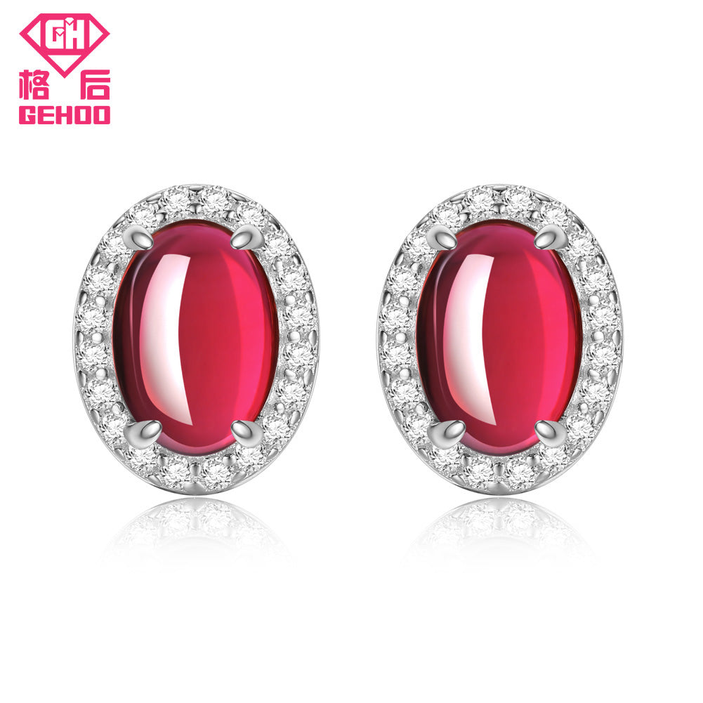 Vintage Red Pretty Garnet Oval CZ Zircons Paved Stud Earrings 100% 925 Sterling Silver Women Charms Wedding Fine Jewelry