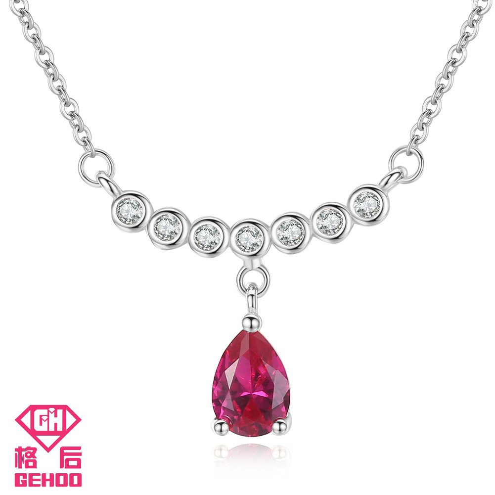 Vintage Women Wedding Jewelry Red Stone Ruby Water Drop Zircons Pendant Necklaces Charm 925 Sterling Silver Collier Femme