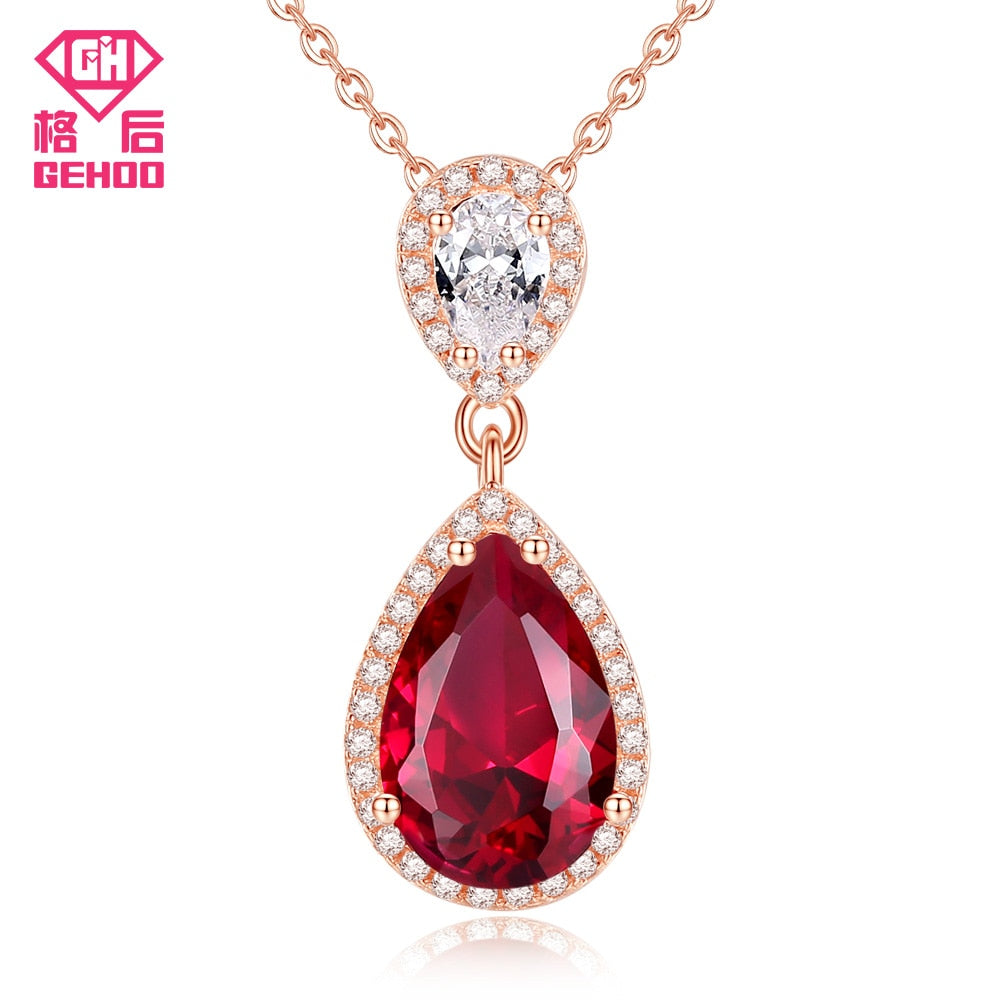 Water Drop Red Stone Sparkling Cubic Zirconia Paved Necklaces & Pendants 925 Sterling Silver Charm Chain Women Party Gift